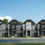 Architectural rendering of a row of modern linked detached homes at Glen Abbey Encore, showcasing contemporary grey brick and stone exteriors with black accents.