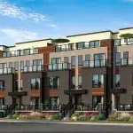 Architectural rendering of the modern 3-story townhomes at Presto Towns Scarborough, featuring brick and wood-panel exteriors, private rooftop terraces with umbrellas, and professional landscaping.