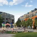 Rendering of the outdoor amenities at Presto Towns Scarborough, showing a colorful children’s playground, picnic tables, and families enjoying the landscaped courtyard between modern townhome blocks.