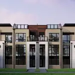 Architectural rendering of the modern exterior facade of The Towns on Bayview, featuring multi-story luxury townhomes with brick, white stone, and wood paneling accents, large windows, and rooftop terraces.