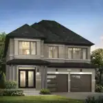 Front elevation of a 36' detached home at Caledon Trails, featuring a modern grey brick facade, double-car garage with glass panels, and a sleek contemporary entryway.