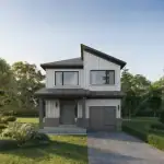 Exterior architectural rendering of a two-story modern farmhouse at The Heights of Harmony East, featuring white vertical board-and-batten siding, dark trim, a covered front porch, and a single-car garage.