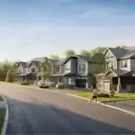 New modern detached homes at The Heights of Harmony East community. This suburban streetscape features contemporary exterior designs with brick and stone finishes, lush green landscaping, and families enjoying the walkable, pedestrian-friendly neighborhood.