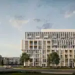 Architectural rendering of The Wilmot Condos in Oakville, featuring a modern mid-rise building with gold-accented vertical fins, glass balconies, and professional landscaping under a soft sunset sky.