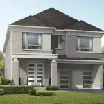 Modern two-story detached house with a double car garage in the Springwater community by Mattamy Homes, showcasing a contemporary grey stone and brick exterior under a dark roof.