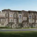 Architectural rendering of a multi-story block of Mattamy Homes rear lane townhouses in the Springwater Markham community featuring brown brick facades, stone accents, and rooftop terraces.