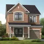 Exterior rendering of a two-story single car garage detached home in Springwater Markham with a classic red brick facade, dark shingle roof, and a covered front porch.