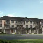Modern multi-unit village homes building rendering by Mattamy Homes in Springwater Markham featuring grey stone cladding, brick upper accents, and private glass balconies.