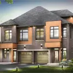 Exterior rendering of a modern semi-detached home at Esprit Newmarket featuring dark brick, wood-style siding accents, large windows, and a two-car garage under a twilight sky.