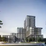 Architectural rendering of The Greenwich, a multi-story modern residential building featuring tiered glass facades, outdoor terraces with greenery, and a contemporary grey exterior design.