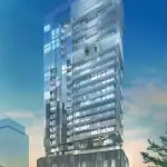 Architectural rendering of the Nautique Lakefront Residences condominium tower at dusk, showcasing its modern glass facade, staggered balconies, and street-level retail spaces.