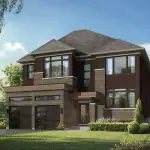 Modern two-story 52-foot detached home at Shoreline Point in Wasaga Beach, showcasing dark wood-style siding, stone exterior, large windows, and a double garage.