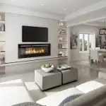 Bright, open-concept family room interior at Shoreline Point, featuring a modern linear gas fireplace, built-in shelving, and a view into the formal dining area.