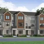 Architectural rendering of three-story rear lane townhomes in Upper Joshua Creek, featuring a mix of grey siding and warm wood-toned accents under a blue sky.