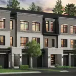 Exterior rendering of Whitehorn Woods modern townhomes featuring grey brick and light stone facades, black-framed windows, and private garages under a sunset sky.