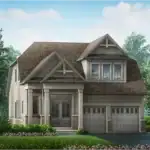 Exterior rendering of a luxury 40-foot single detached bungalow at Serene at Belmont, featuring a stone and stucco facade, a 2-car garage, and a covered front entry.