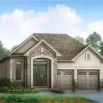 Serene at Belmont 40-foot bungaloft architectural rendering, featuring a spacious two-story design with a multi-peaked roof, stone skirting, and a private 2-car driveway.