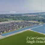 Aerial view of Serene at Belmont residential development featuring single detached homes with 2-car garages, located near Lake Ontario and Highway 35/115.