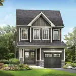 Architectural rendering of a 27-foot detached home at Empire Canals with a narrow profile, featuring dark grey siding, a gabled roofline, and a single-car garage.