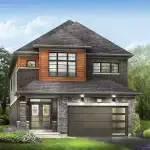 Modern two-story 33-foot detached home at Empire Canals showcasing a mix of dark brick, natural wood accents, a single-car garage, and professional front yard landscaping.