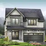 Exterior rendering of a 36-foot detached single-family home at Empire Canals, featuring a two-car garage, grey stone masonry, white board-and-batten siding, and a dark shingle roof.