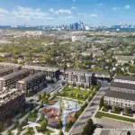 Aerial rendering of the Westshore at Long Branch community layout, showcasing rows of townhomes, green spaces, and the Toronto city skyline in the distance.