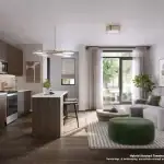 Interior view of a Westshore Garden Townhome featuring an open-concept kitchen with wood cabinetry, stainless steel appliances, and a modern living area.