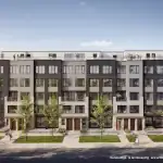 Architectural rendering of Westshore hybrid stacked townhomes featuring modern grey and brick facades with private rooftop terraces.