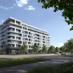 Architectural rendering of Northshore Condos, a modern multi-story condominium building featuring spacious glass balconies, ground-floor retail spaces, and lush green landscaping along the street.