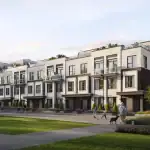 Rendering of Northshore Towns, featuring contemporary multi-level townhomes with brick facades and rooftop terraces, facing a community park with residents walking dogs and children playing.