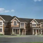 Exterior architectural rendering of Vicinity 2-storey brick and stone townhomes with gable roofs.