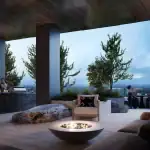 The 5th-floor outdoor amenity terrace at Kipling Station Condos featuring a luxury lounge area with a circular fire pit, stone accents, integrated grilling station, and views of the Etobicoke skyline.