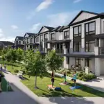 Landscaped central courtyard walkway at Brooklin Towns 2.0 by Madison Group, depicting residents practicing outdoor yoga on the grass, walking dogs, and enjoying the modern white and black farmhouse-style townhome exteriors.