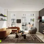 Brooklin Towns - Living Room Modern living room interior at Brooklin Towns featuring a curved tan sofa, a patterned rug, sneaker display shelves, and a basketball-themed accent wall with a wall-mounted TV.