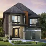 Front elevation of a contemporary two-story home at King’s Calling with dark brick, light stone accents, wood paneling, large windows, and a modern two-car garage.