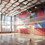 High-ceiling indoor basketball court and gymnasium at The Kith Condominiums with vibrant wall murals and large windows.