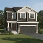 Exterior elevation of a Yorkville 36-foot detached house with dark horizontal siding, white window trim, stone pillars, a front-facing two-car garage, and a gable roof design.