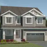 Exterior rendering of a 40-foot detached home in Yorkville by Mattamy Homes, featuring a grey siding facade, stone accents, a two-car garage, and a covered front porch with professional landscaping.