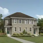Architectural rendering of a Yorkville semi-detached home featuring a symmetrical design with beige siding, dark teal front doors, and a shared front walkway surrounded by green space.