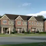 A row of modern Yorkville townhomes by Mattamy Homes showcasing a mix of red brick and beige siding, individual covered entrances, and street-side landscaping under a bright blue sky.