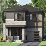 Hawthorne East Village - Detached 1 Contemporary detached single-family home in Hawthorne East Village featuring light stone cladding, brown brick accents, and a modern glass-paneled garage door.