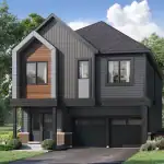 Hawthorne East Village - Detached 2 Modern two-story detached home in Hawthorne East Village with a dark charcoal exterior, gabled roofline, and unique wood-look accent siding near the entrance.