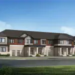 Modern two-storey townhouse block rendering for Seaton Whitevale, showcasing contemporary architecture with flat-roofed porches, light stone facades, warm wood-look siding accents, and large windows.