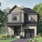 Modern two-story detached home in Seaton Whitevale with a single car garage, dark grey brick exterior, stone porch pillars, and large windows.