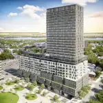 High-angle architectural rendering of The Rebecca Condos in Hamilton, a modern high-rise mixed-use building featuring a glass tower, multi-level podium, and proximity to green urban spaces and Lake Ontario in the distance.