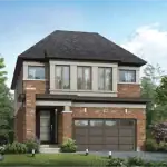 Architectural rendering of a 33-foot detached house at Cachet Binbrook, showcasing a modern brick facade, large windows, and a single-car garage.