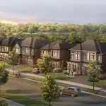 High-angle streetscape rendering of the Cachet Binbrook community, showing a row of luxury detached homes, paved sidewalks, and lush green landscaping.