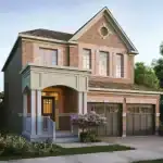 Modern two-story Great Gulf Whitby Meadows 36-foot detached house with a light brick exterior, a decorative arched entryway, a double-car garage, and a gabled roof.