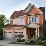 Exterior rendering of a Great Gulf Whitby Meadows 40-foot detached home featuring a red brick facade, a two-car garage, and a covered front porch with stone accents and professional landscaping.