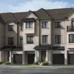 Architectural rendering of The Nine 3-storey townhomes by Mattamy Homes, featuring modern beige and stone facades, dark gabled roofs, and built-in garages.